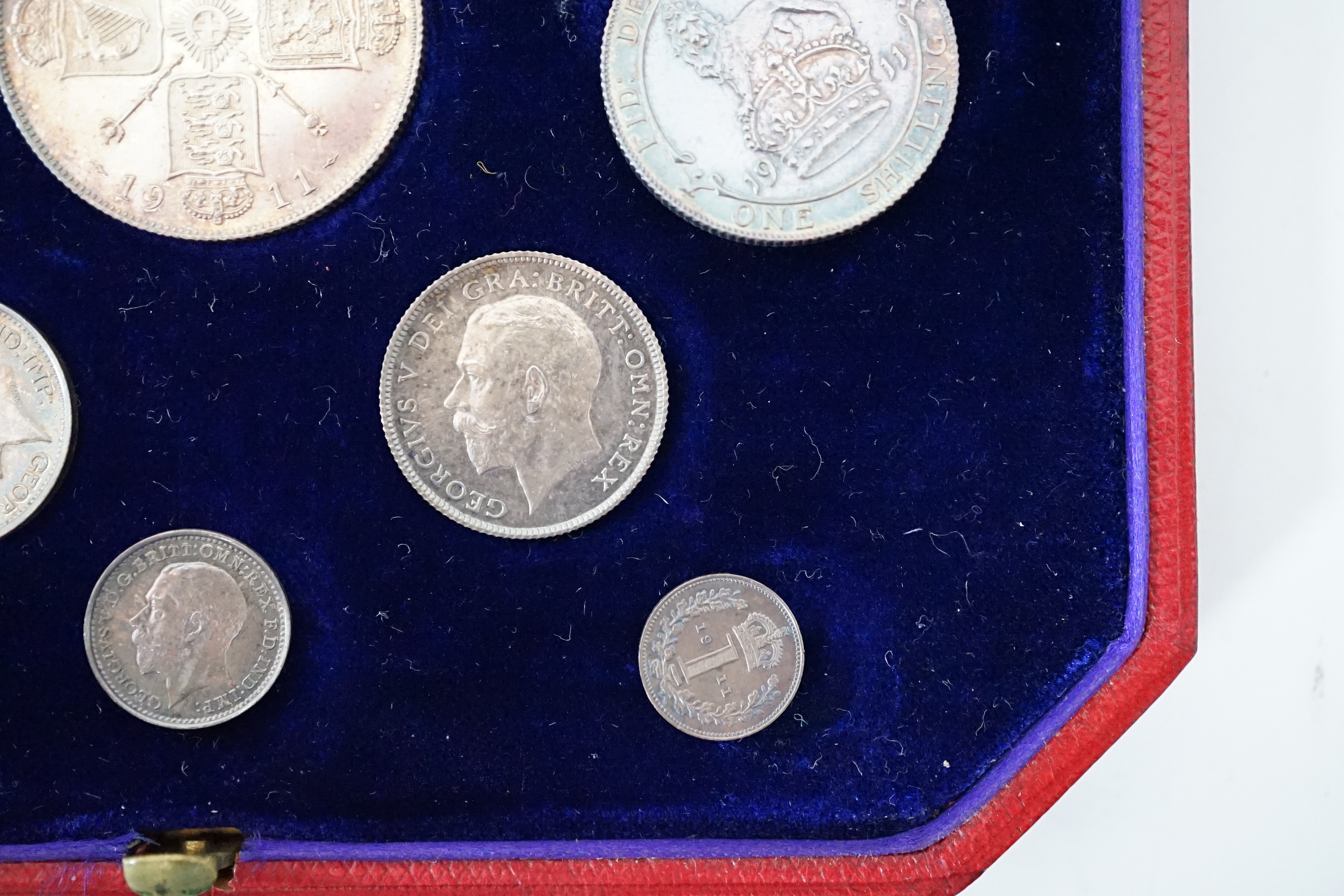 British Silver Coins, George V coronation specimen eight coin set, 1911, ranging from halfcrown to maundy penny, in case of issue